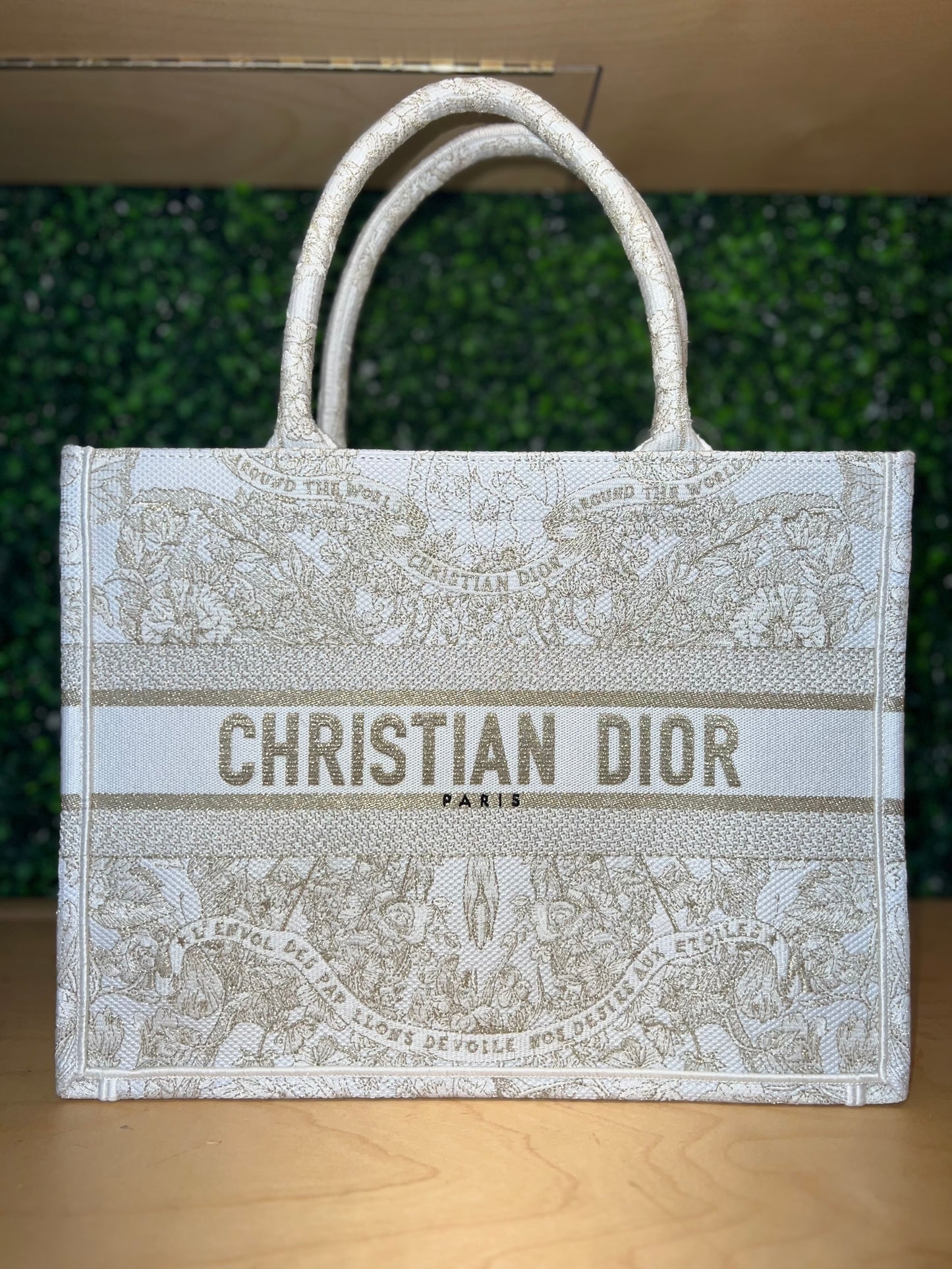 Dior Medium Book Tote Around The World Cream Gold Embroidery