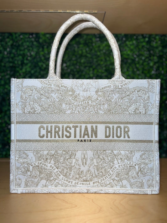 Dior Medium Book Tote Around The World Cream Gold Embroidery