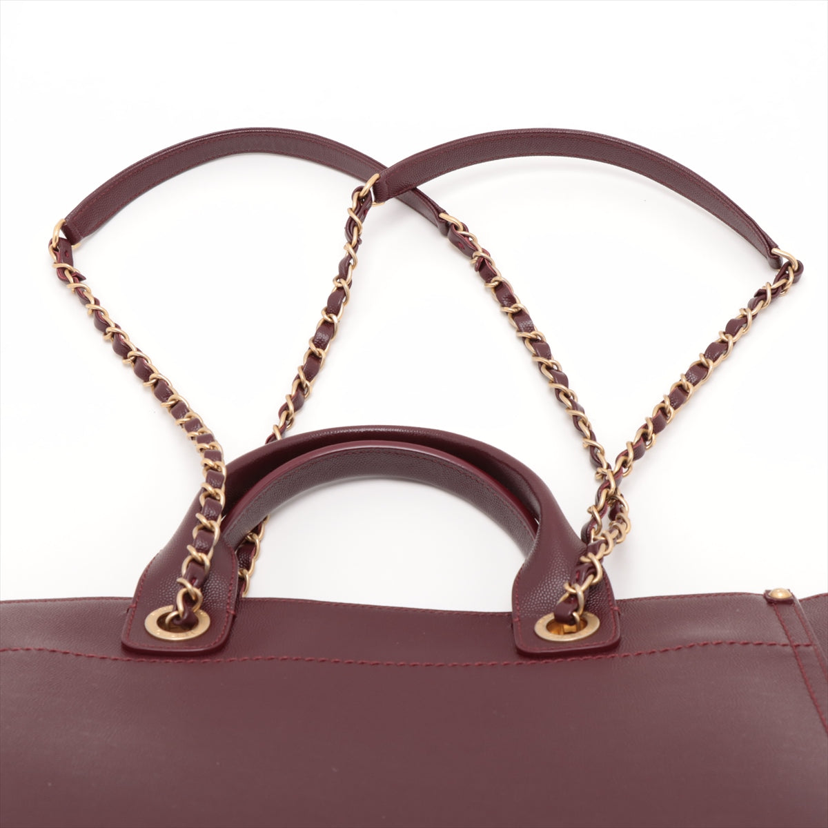 Chanel Deauville MM Caviar Skin 2 Way Tote Bag Burgundy Gold Metal Fittings