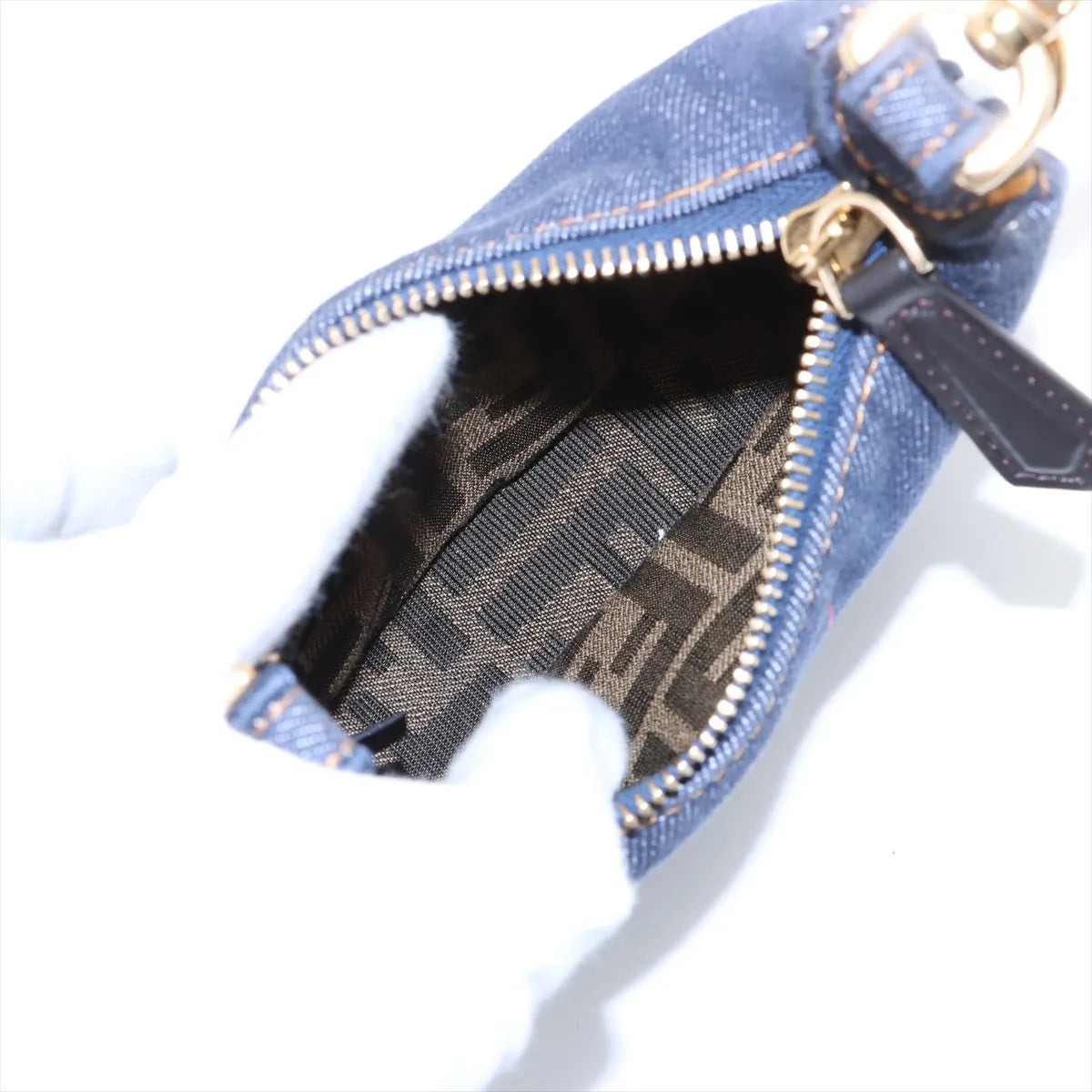 Fendi Nano FENDIGRAPHY denim x leather Hand bag Navy Blue 7AS089