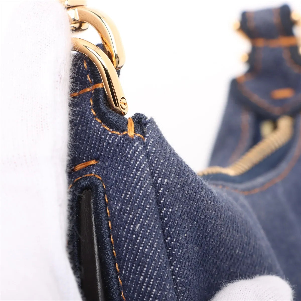 Fendi Nano FENDIGRAPHY denim x leather Hand bag Navy Blue 7AS089