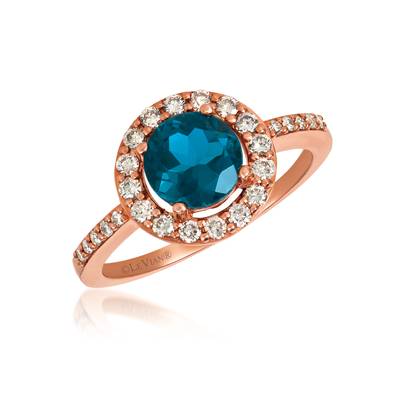 Ring featuring 1 3/8 cts. Deep Sea Blue Topaz™, 3/8 cts. Nude Diamonds™ set in 14K Strawberry Gold
