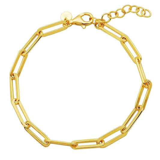 Sterling Silver Bracelet made with Paperclip Chain (5mm), Measures 6.75" Long, Plus 1.25" Extender for Adjustable Length, 18K Yellow Gold Finish