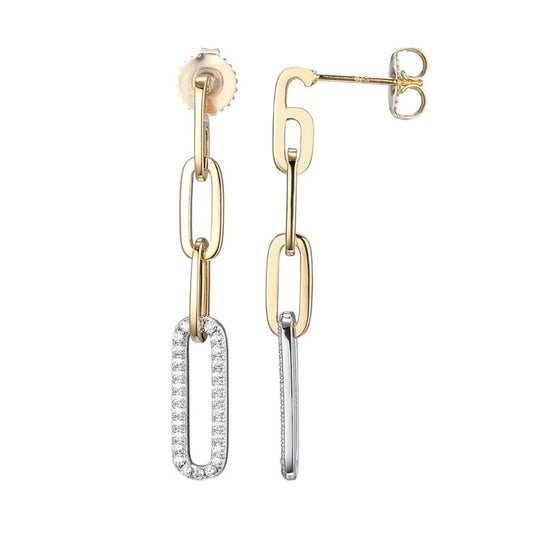 Sterling Silver Earrings Made With Paperclip Chain (5mm) And CZ Links, Post Back, Two Tone, 18K Yellow Gold And Rhodium Finish