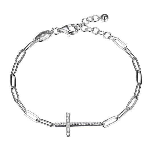 Sterling Silver Bracelet made with Paperclip Chain (3mm) and CZ Cross in Center, Measures 6.75" Long, Plus 1.25" Extender for Adjustable Length, Rhodium Finish