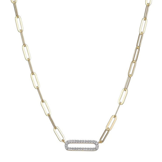 Sterling Silver Necklace made with Paperclip Chain (3mm) and CZ Link (18x6mm) in Center, Measures 17" Long, Plus 2" Extender for Adjustable Length, 18K Yellow Gold and Rhodium Finish